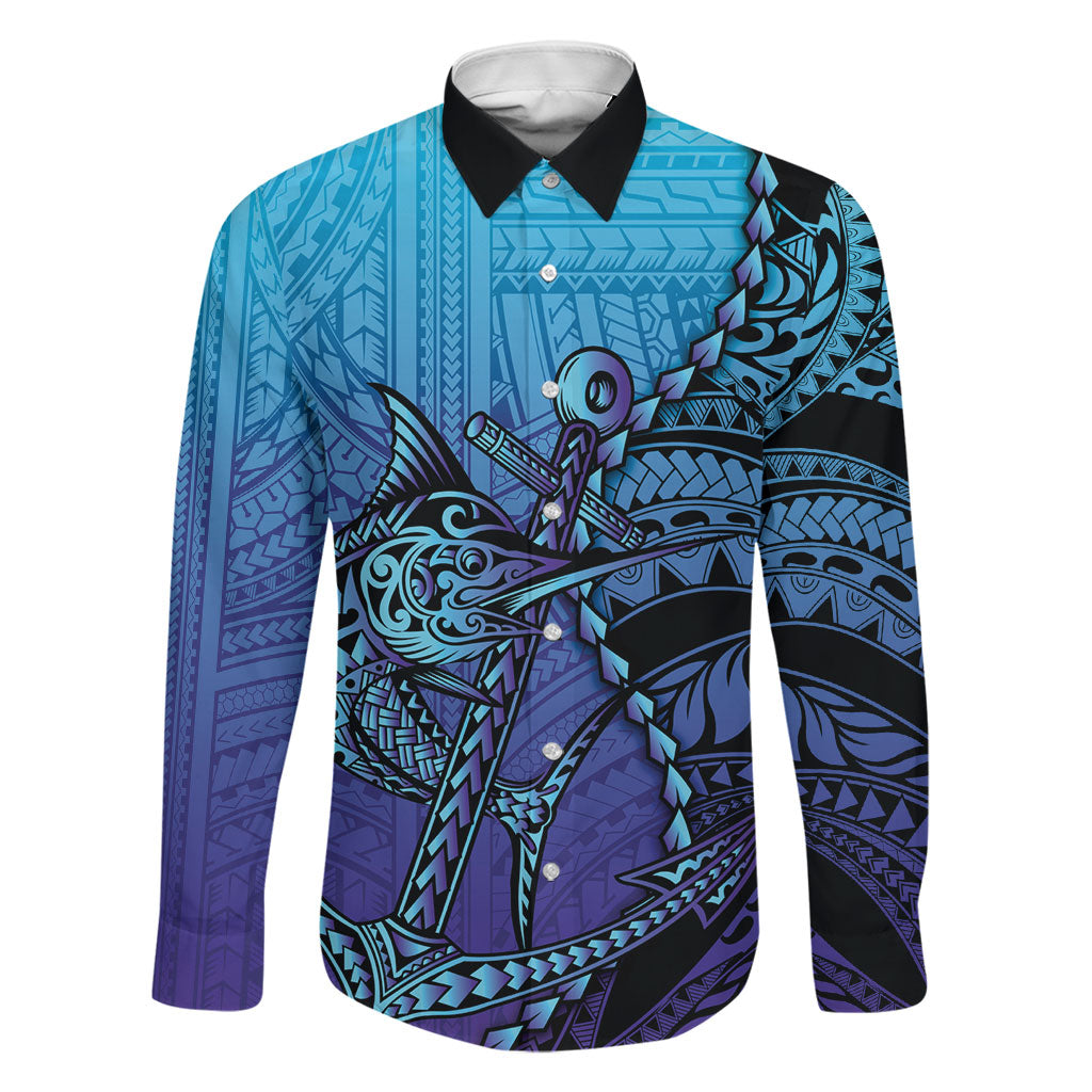 Personalised Polynesia Blue Marlin Fishing Family Matching Mermaid Dress and Hawaiian Shirt Marlin Anchor Tattoo Polynesian Pattern