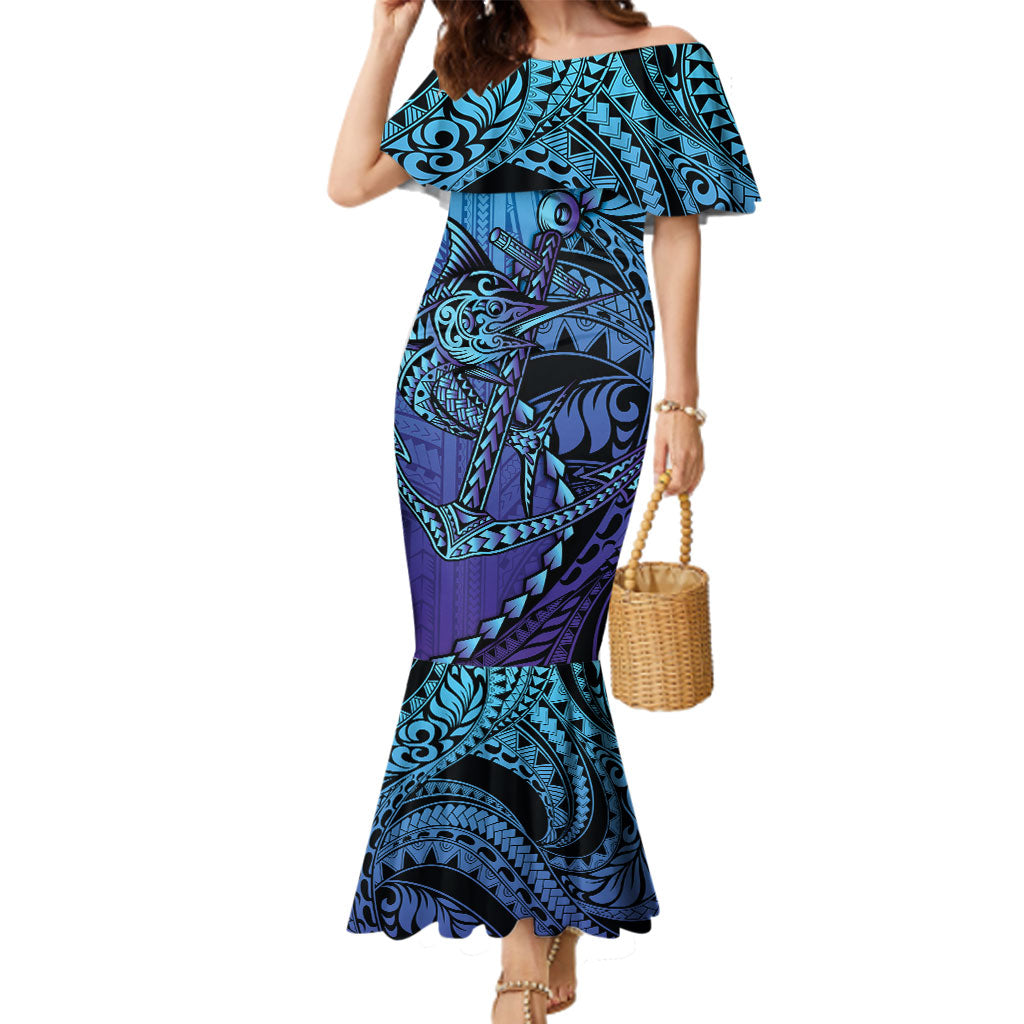Personalised Polynesia Blue Marlin Fishing Family Matching Mermaid Dress and Hawaiian Shirt Marlin Anchor Tattoo Polynesian Pattern