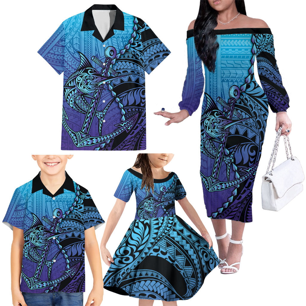 Personalised Polynesia Blue Marlin Fishing Family Matching Off The Shoulder Long Sleeve Dress and Hawaiian Shirt Marlin Anchor Tattoo Polynesian Pattern LT14 - Polynesian Pride