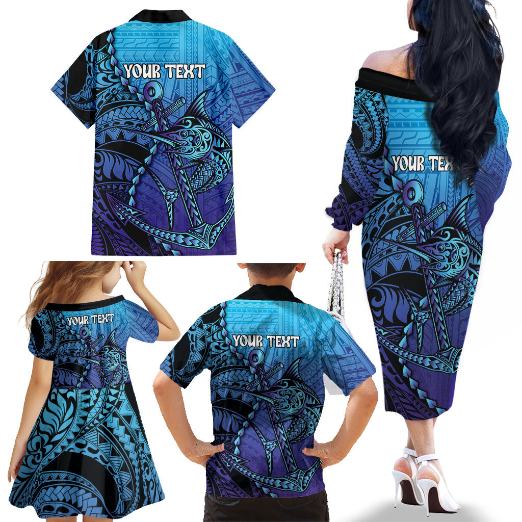 Personalised Polynesia Blue Marlin Fishing Family Matching Off The Shoulder Long Sleeve Dress and Hawaiian Shirt Marlin Anchor Tattoo Polynesian Pattern