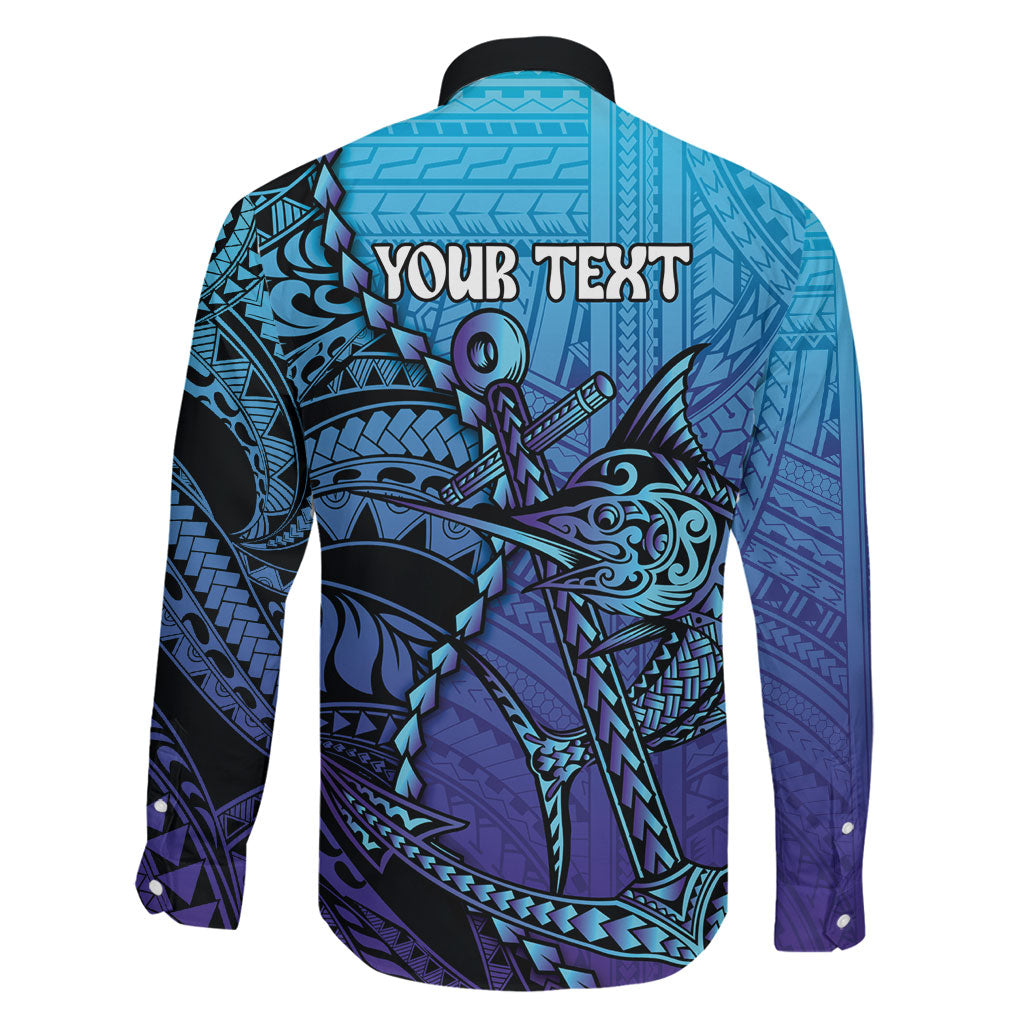 Personalised Polynesia Blue Marlin Fishing Family Matching Off The Shoulder Long Sleeve Dress and Hawaiian Shirt Marlin Anchor Tattoo Polynesian Pattern