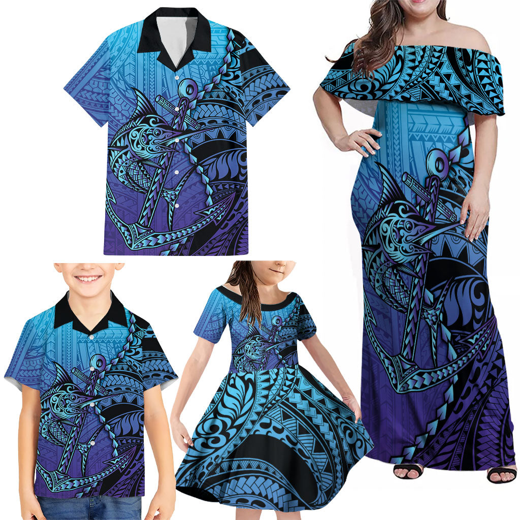 Personalised Polynesia Blue Marlin Fishing Family Matching Off Shoulder Maxi Dress and Hawaiian Shirt Marlin Anchor Tattoo Polynesian Pattern LT14 - Polynesian Pride