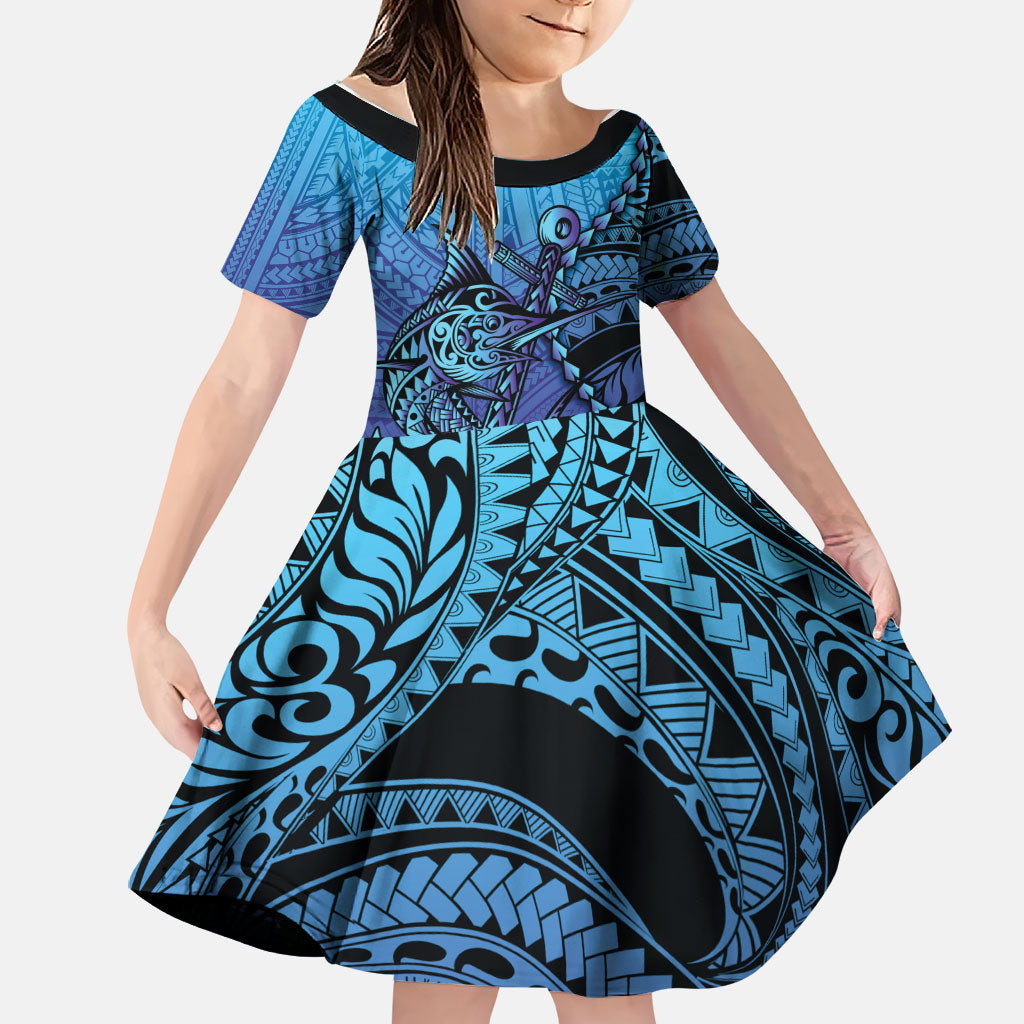 Personalised Polynesia Blue Marlin Fishing Family Matching Tank Maxi Dress and Hawaiian Shirt Marlin Anchor Tattoo Polynesian Pattern