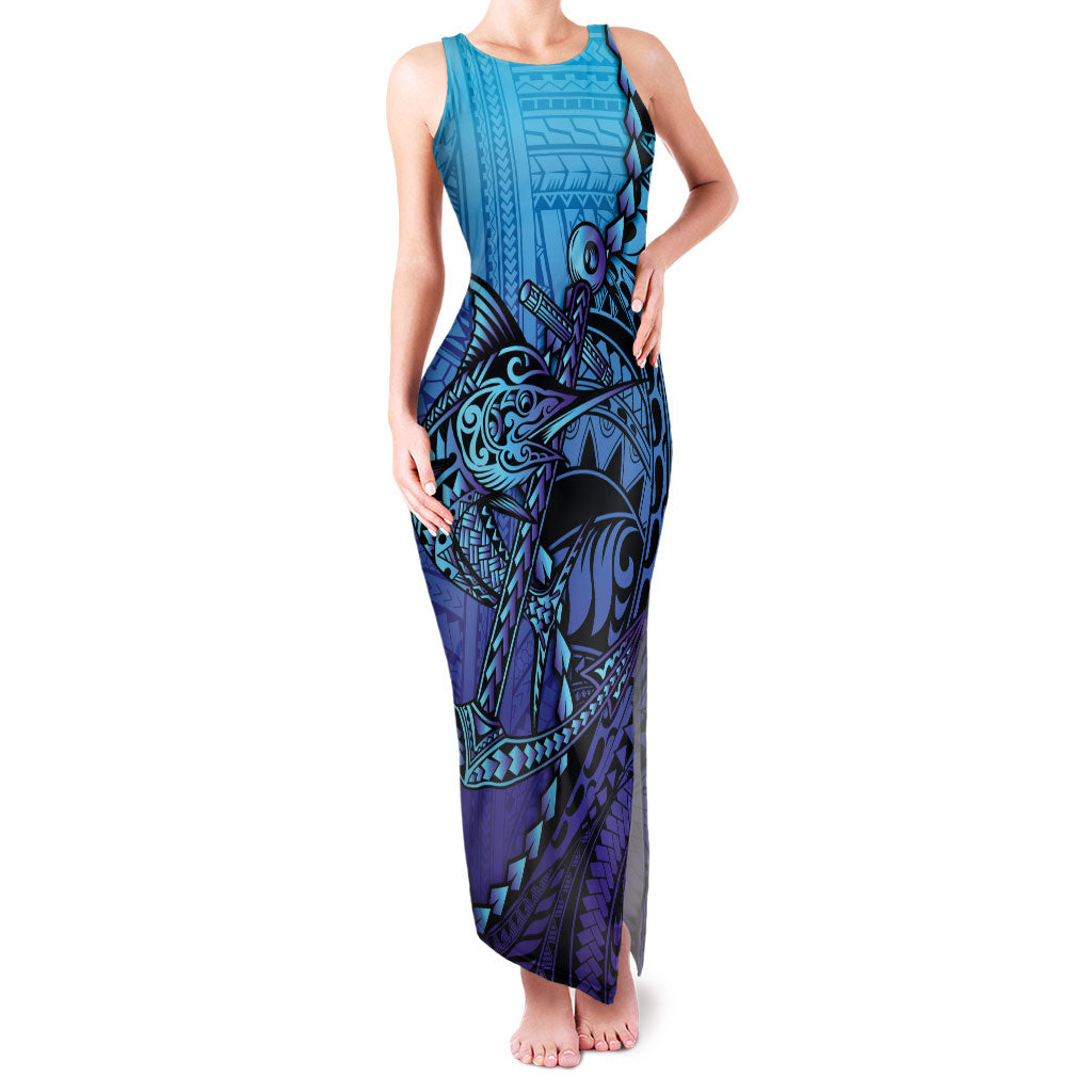 Personalised Polynesia Blue Marlin Fishing Family Matching Tank Maxi Dress and Hawaiian Shirt Marlin Anchor Tattoo Polynesian Pattern