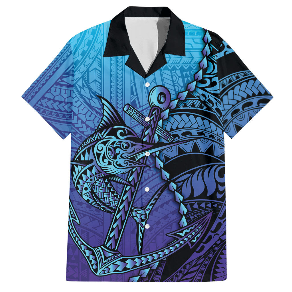 Personalised Polynesia Blue Marlin Fishing Hawaiian Shirt Marlin Anchor Tattoo Polynesian Pattern LT14 Purple - Polynesian Pride