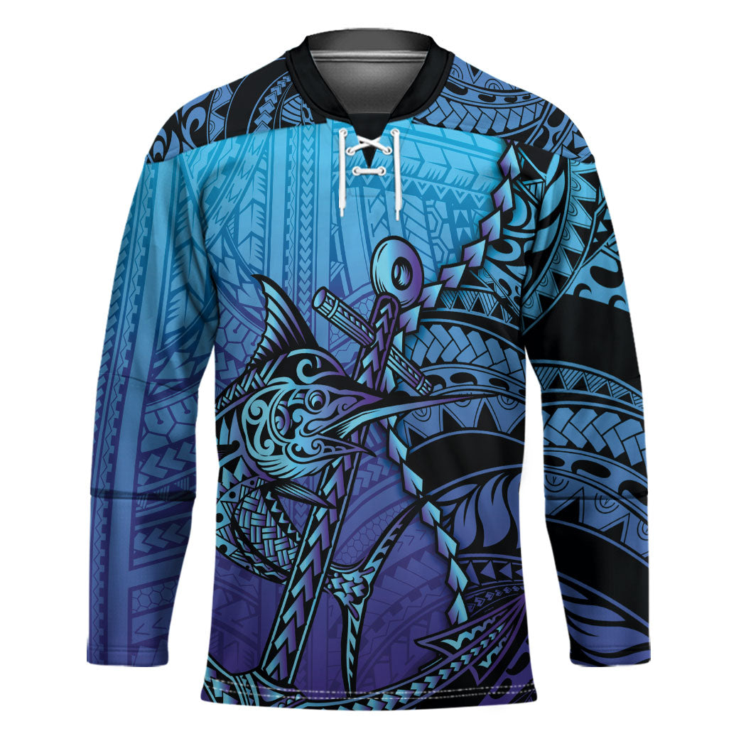 Personalised Polynesia Blue Marlin Fishing Hockey Jersey Marlin Anchor Tattoo Polynesian Pattern LT14 Unisex Purple - Polynesian Pride