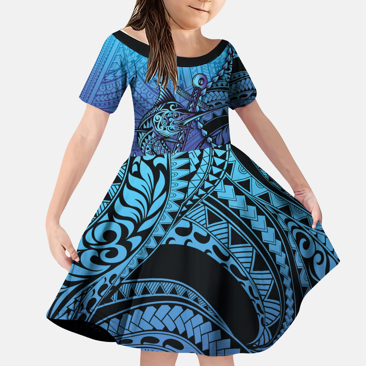 Personalised Polynesia Blue Marlin Fishing Kid Short Sleeve Dress Marlin Anchor Tattoo Polynesian Pattern LT14 KID Purple - Polynesian Pride