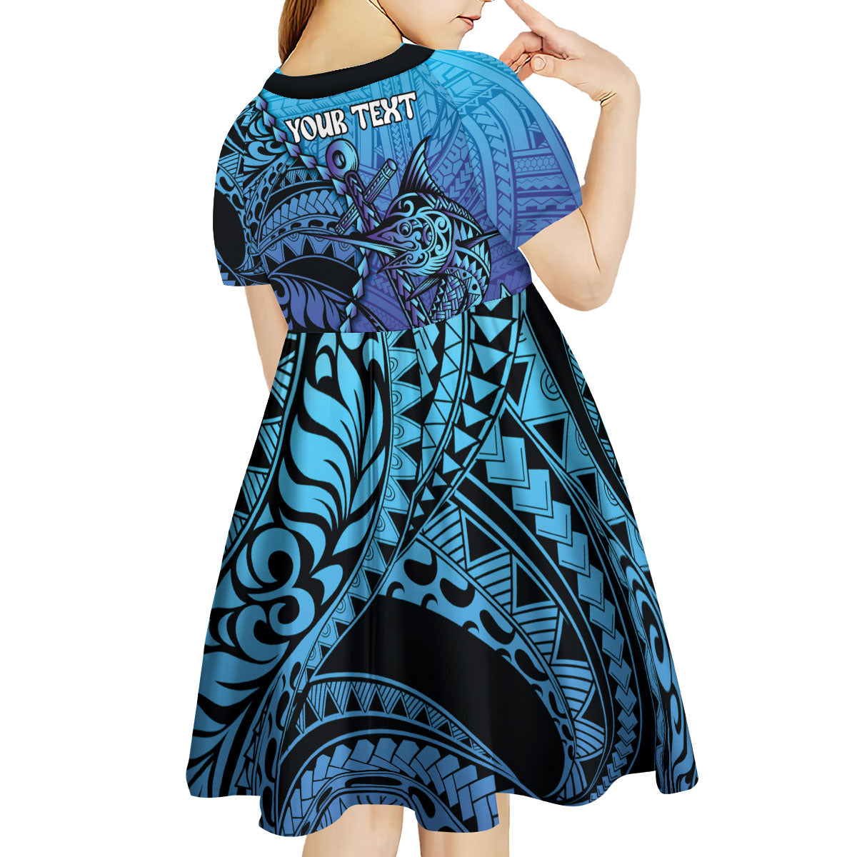 Personalised Polynesia Blue Marlin Fishing Kid Short Sleeve Dress Marlin Anchor Tattoo Polynesian Pattern LT14 - Polynesian Pride