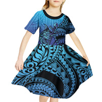 Personalised Polynesia Blue Marlin Fishing Kid Short Sleeve Dress Marlin Anchor Tattoo Polynesian Pattern LT14 - Polynesian Pride