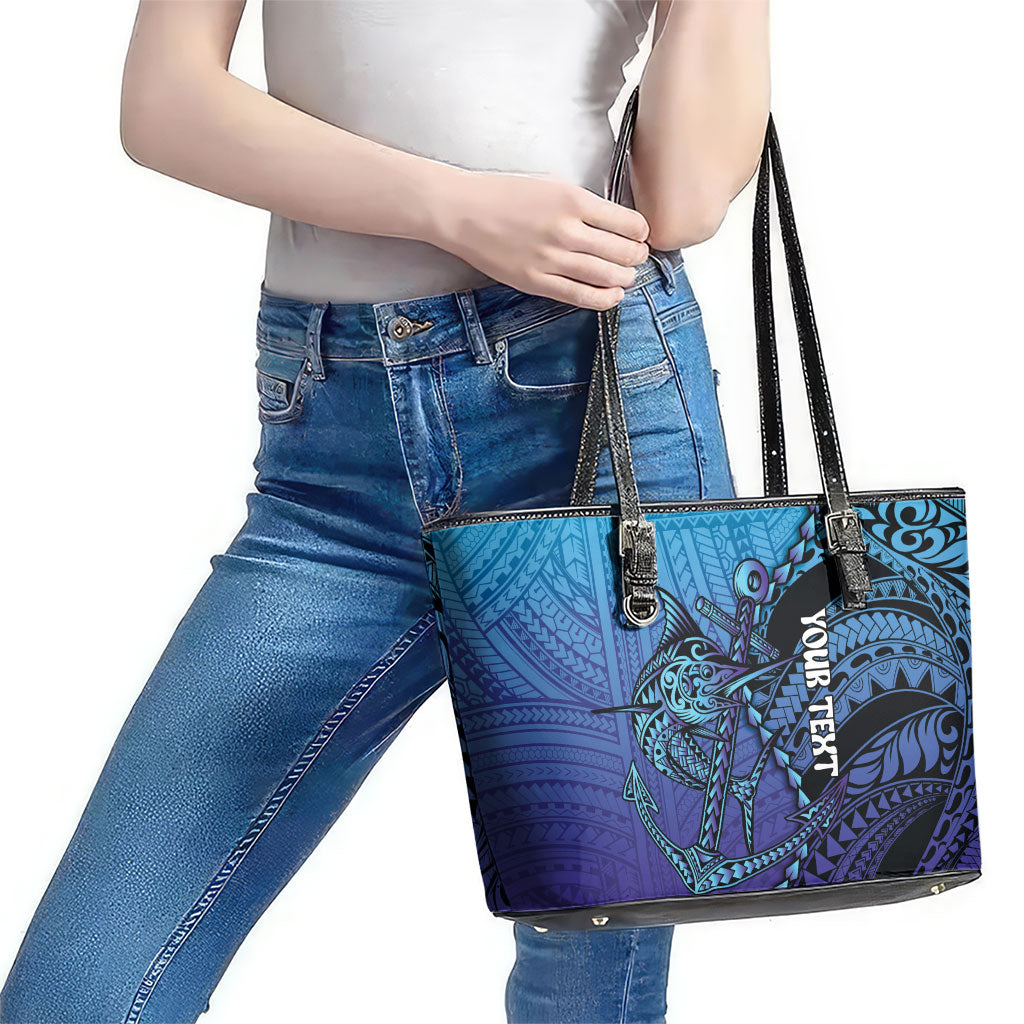 Personalised Polynesia Blue Marlin Fishing Leather Tote Bag Marlin Anchor Tattoo Polynesian Pattern LT14 - Polynesian Pride