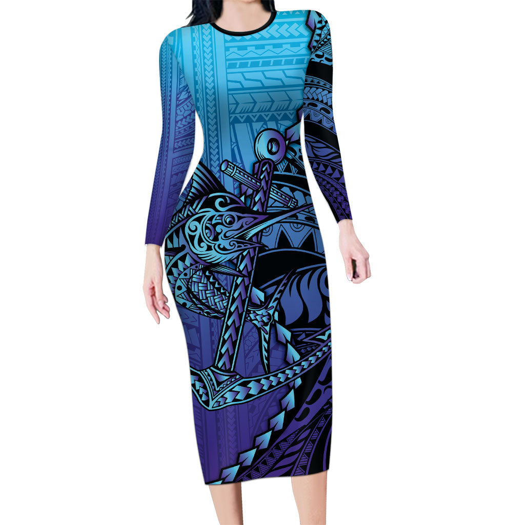 Personalised Polynesia Blue Marlin Fishing Long Sleeve Bodycon Dress Marlin Anchor Tattoo Polynesian Pattern LT14 Long Dress Purple - Polynesian Pride