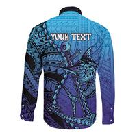 Personalised Polynesia Blue Marlin Fishing Long Sleeve Button Shirt Marlin Anchor Tattoo Polynesian Pattern LT14 - Polynesian Pride