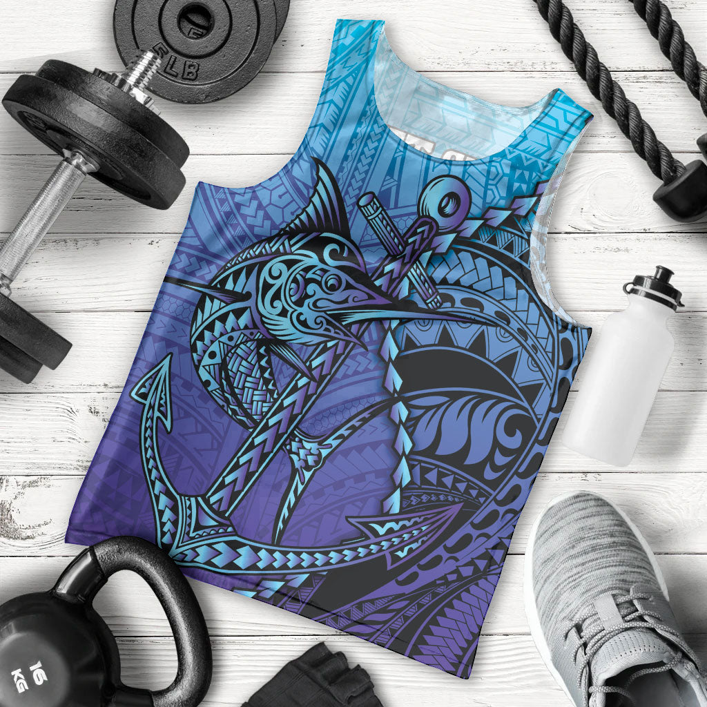 Personalised Polynesia Blue Marlin Fishing Men Tank Top Marlin Anchor Tattoo Polynesian Pattern LT14 - Polynesian Pride