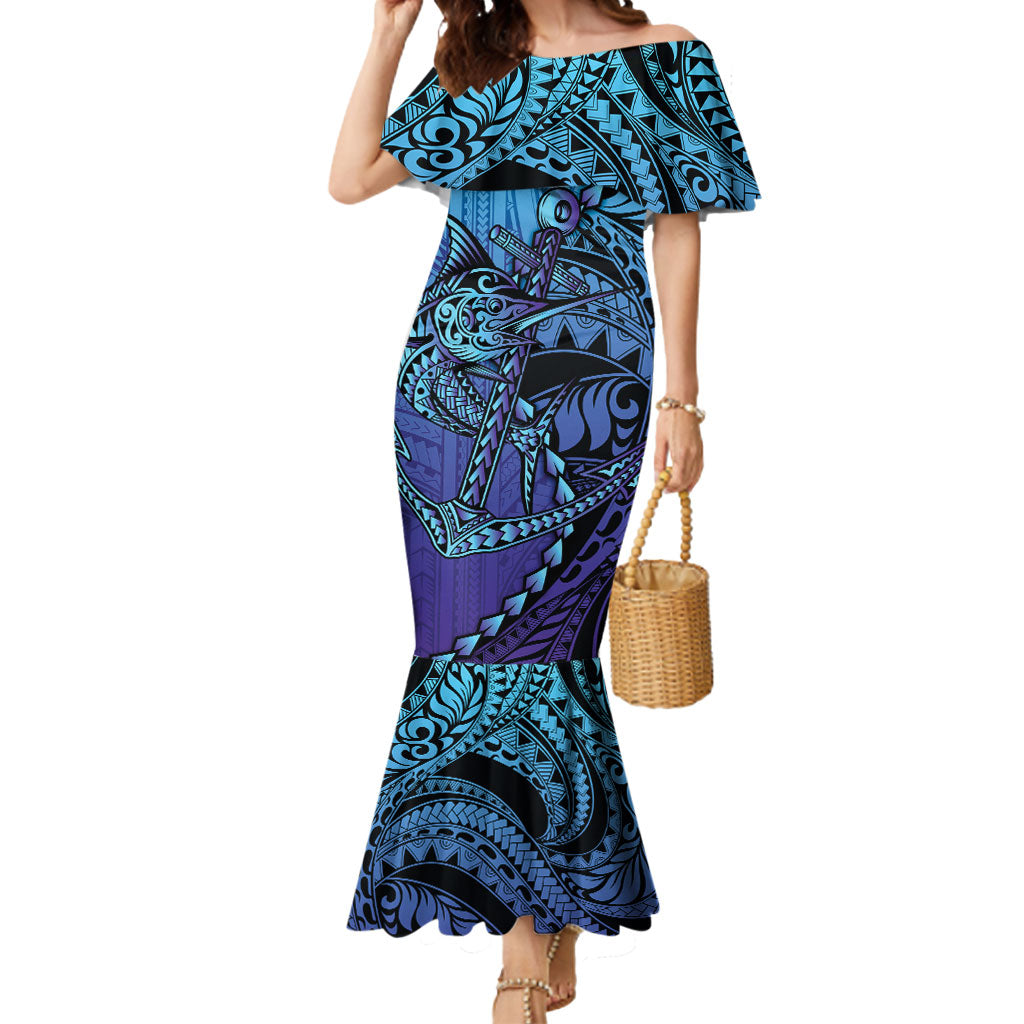 Personalised Polynesia Blue Marlin Fishing Mermaid Dress Marlin Anchor Tattoo Polynesian Pattern LT14 Women Purple - Polynesian Pride