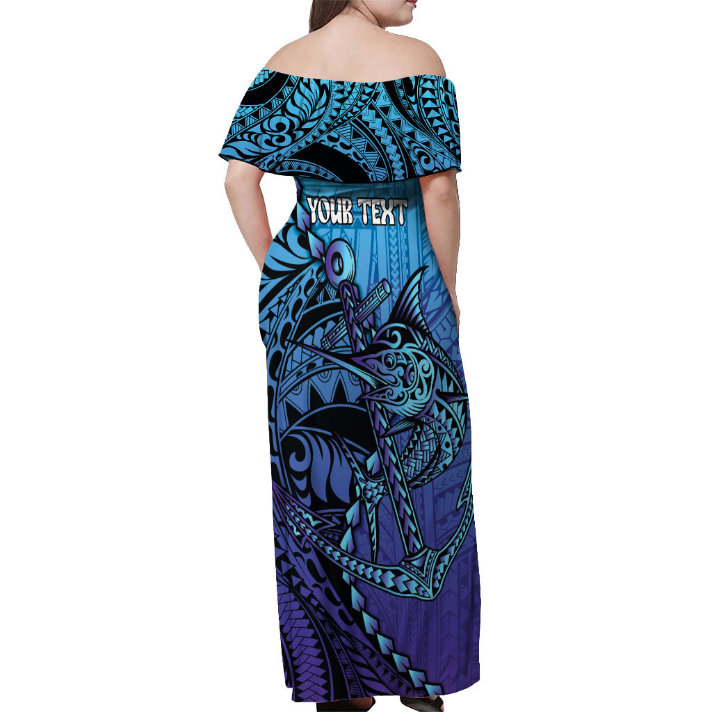 Personalised Polynesia Blue Marlin Fishing Off Shoulder Maxi Dress Marlin Anchor Tattoo Polynesian Pattern LT14 - Polynesian Pride