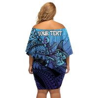 Personalised Polynesia Blue Marlin Fishing Off Shoulder Short Dress Marlin Anchor Tattoo Polynesian Pattern LT14 - Polynesian Pride