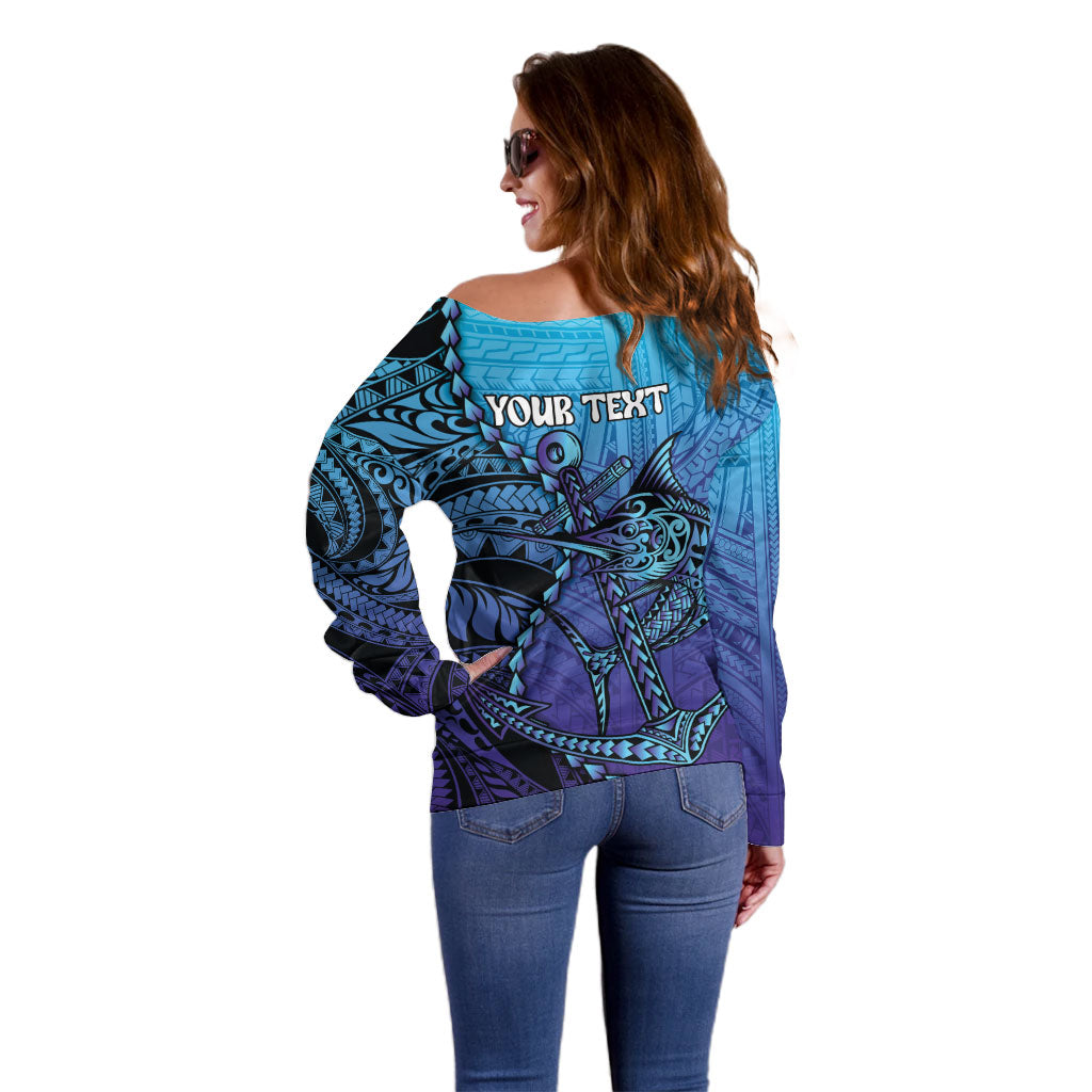 Personalised Polynesia Blue Marlin Fishing Off Shoulder Sweater Marlin Anchor Tattoo Polynesian Pattern LT14 - Polynesian Pride