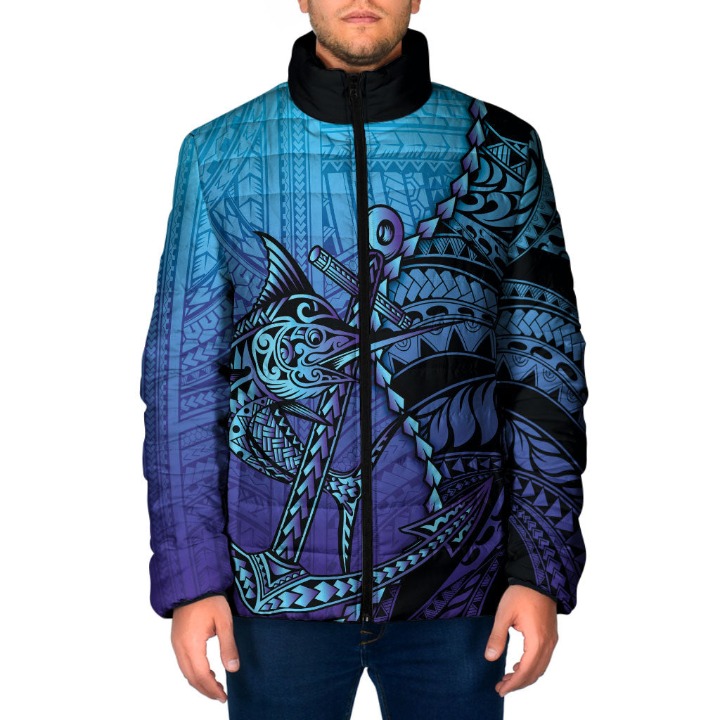 Personalised Polynesia Blue Marlin Fishing Padded Jacket Marlin Anchor Tattoo Polynesian Pattern LT14 Men Purple - Polynesian Pride