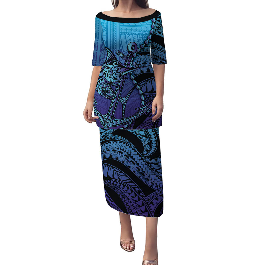 Personalised Polynesia Blue Marlin Fishing Puletasi Marlin Anchor Tattoo Polynesian Pattern LT14 Long Dress Purple - Polynesian Pride
