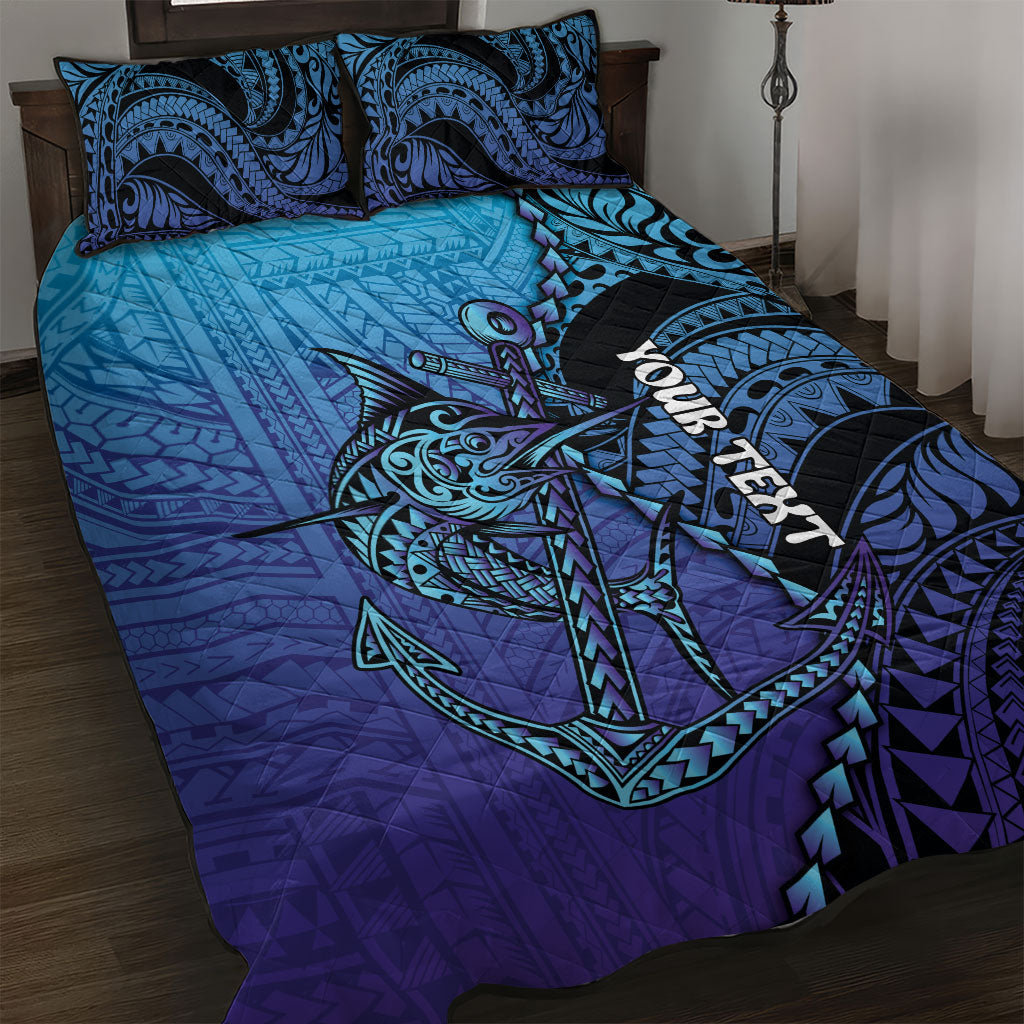 Personalised Polynesia Blue Marlin Fishing Quilt Bed Set Marlin Anchor Tattoo Polynesian Pattern