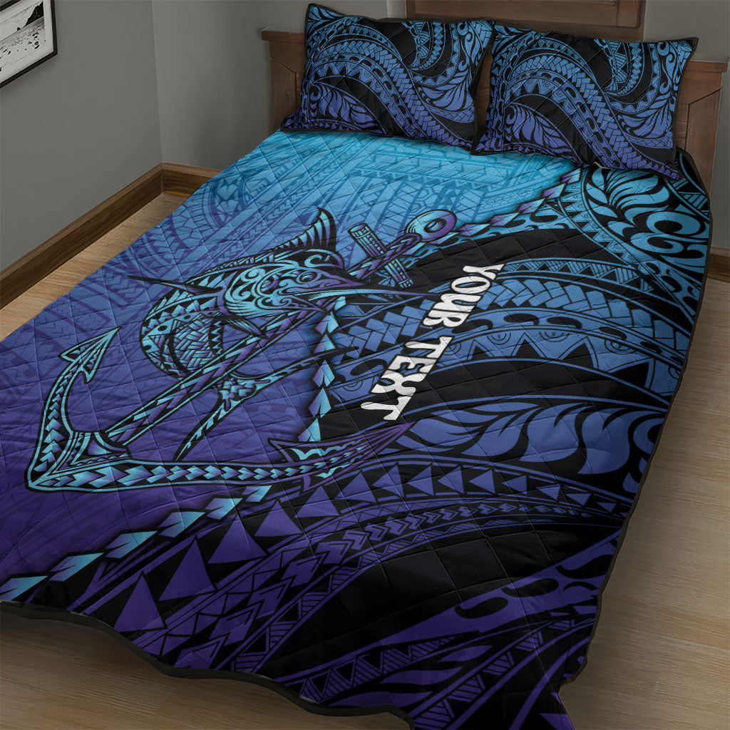Personalised Polynesia Blue Marlin Fishing Quilt Bed Set Marlin Anchor Tattoo Polynesian Pattern