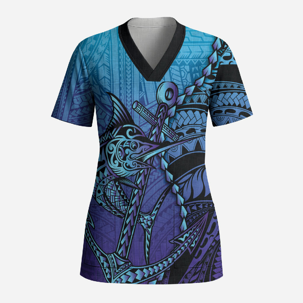 Personalised Polynesia Blue Marlin Fishing Scrub Top Marlin Anchor Tattoo Polynesian Pattern LT14 Adult Purple - Polynesian Pride