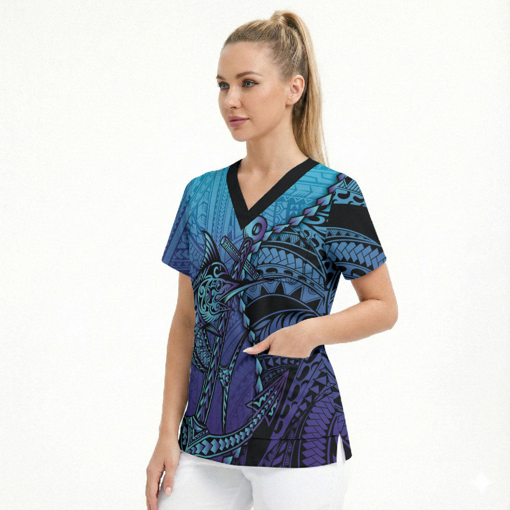 Personalised Polynesia Blue Marlin Fishing Scrub Top Marlin Anchor Tattoo Polynesian Pattern LT14 - Polynesian Pride