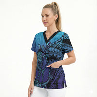 Personalised Polynesia Blue Marlin Fishing Scrub Top Marlin Anchor Tattoo Polynesian Pattern LT14 - Polynesian Pride