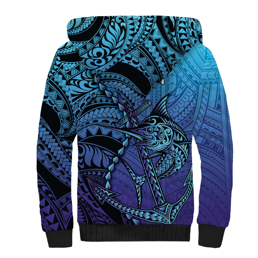 Personalised Polynesia Blue Marlin Fishing Sherpa Hoodie Marlin Anchor Tattoo Polynesian Pattern LT14 - Polynesian Pride