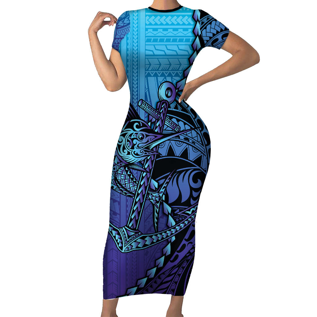 Personalised Polynesia Blue Marlin Fishing Short Sleeve Bodycon Dress Marlin Anchor Tattoo Polynesian Pattern LT14 Long Dress Purple - Polynesian Pride