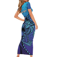 Personalised Polynesia Blue Marlin Fishing Short Sleeve Bodycon Dress Marlin Anchor Tattoo Polynesian Pattern LT14 - Polynesian Pride