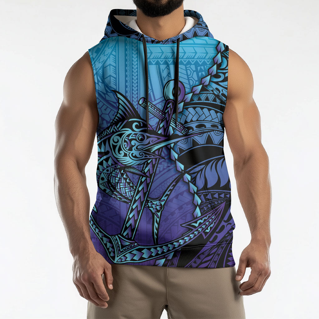 Personalised Polynesia Blue Marlin Fishing Sleeveless Hoodie Marlin Anchor Tattoo Polynesian Pattern LT14 - Polynesian Pride