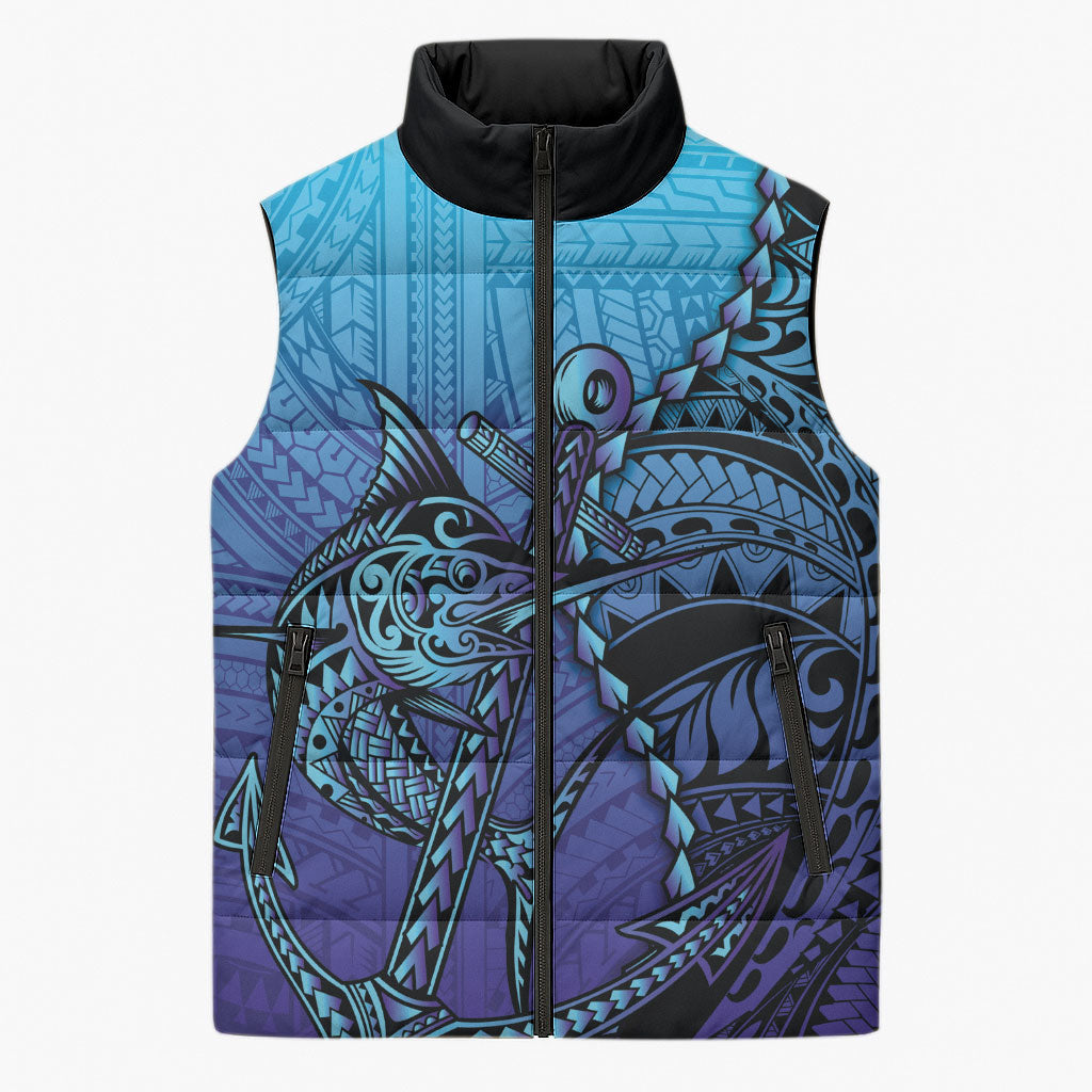 Personalised Polynesia Blue Marlin Fishing Sleeveless Puffer Jacket Marlin Anchor Tattoo Polynesian Pattern LT14 Unisex Purple - Polynesian Pride