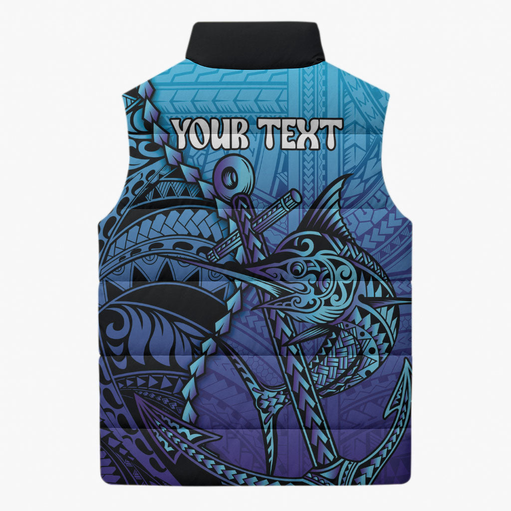 Personalised Polynesia Blue Marlin Fishing Sleeveless Puffer Jacket Marlin Anchor Tattoo Polynesian Pattern LT14 - Polynesian Pride