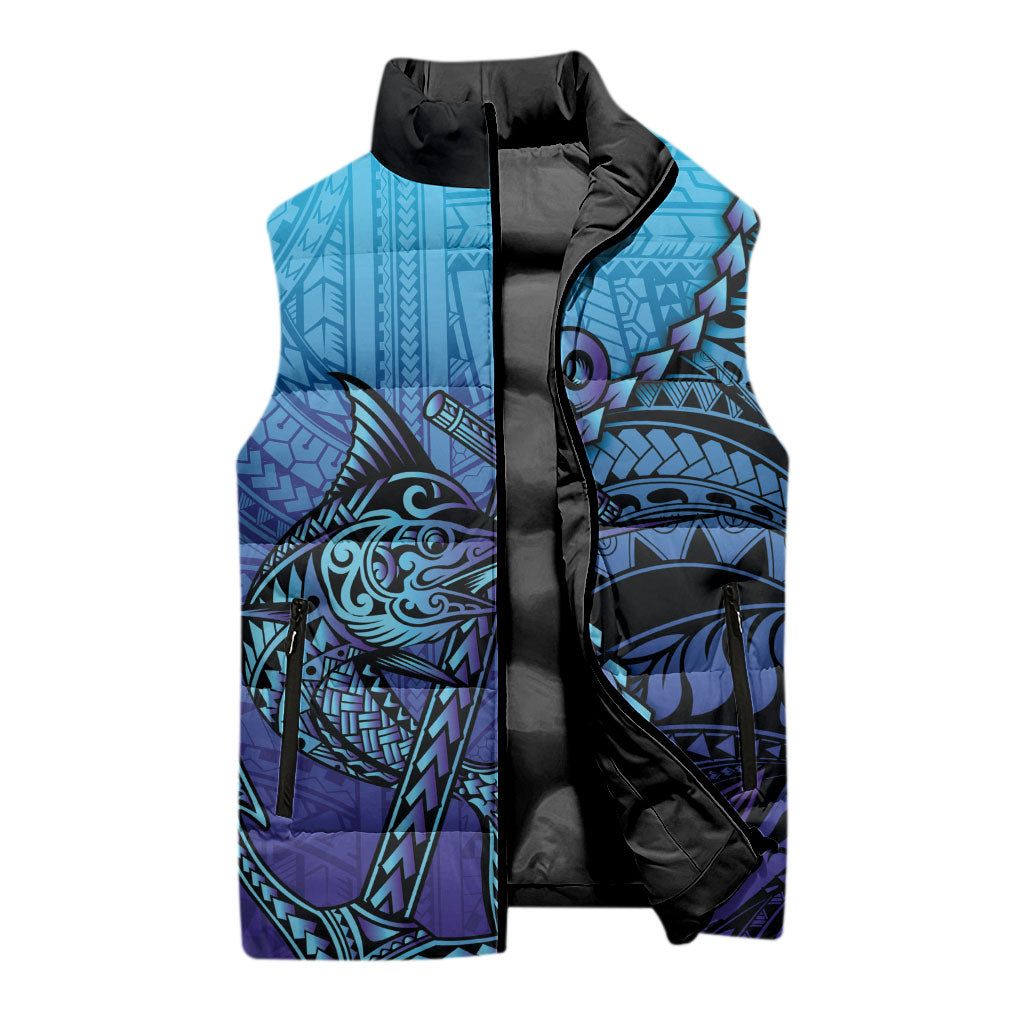 Personalised Polynesia Blue Marlin Fishing Sleeveless Puffer Jacket Marlin Anchor Tattoo Polynesian Pattern LT14 - Polynesian Pride