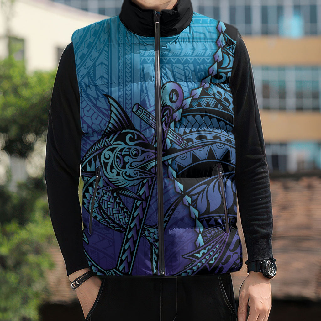 Personalised Polynesia Blue Marlin Fishing Sleeveless Puffer Jacket Marlin Anchor Tattoo Polynesian Pattern LT14 - Polynesian Pride