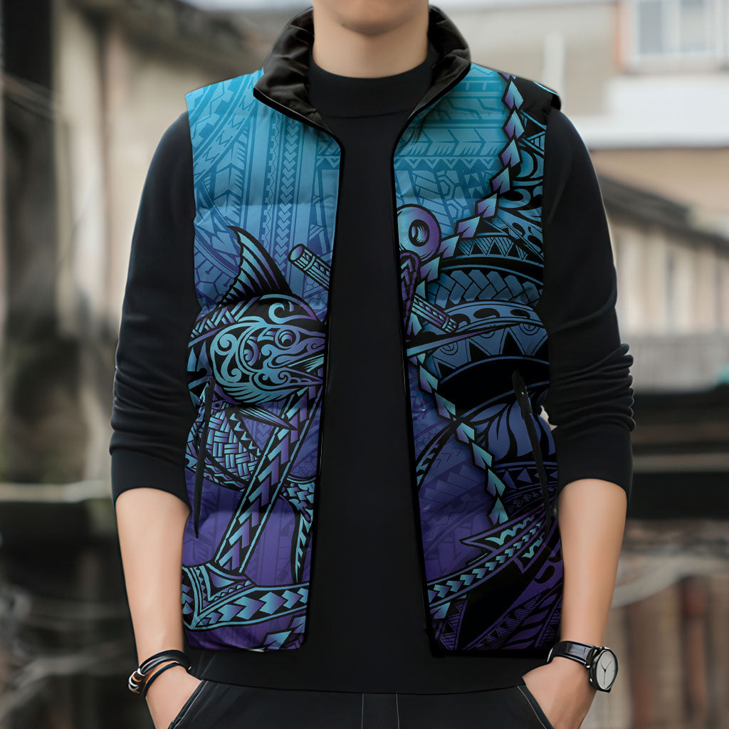 Personalised Polynesia Blue Marlin Fishing Sleeveless Puffer Jacket Marlin Anchor Tattoo Polynesian Pattern LT14 - Polynesian Pride