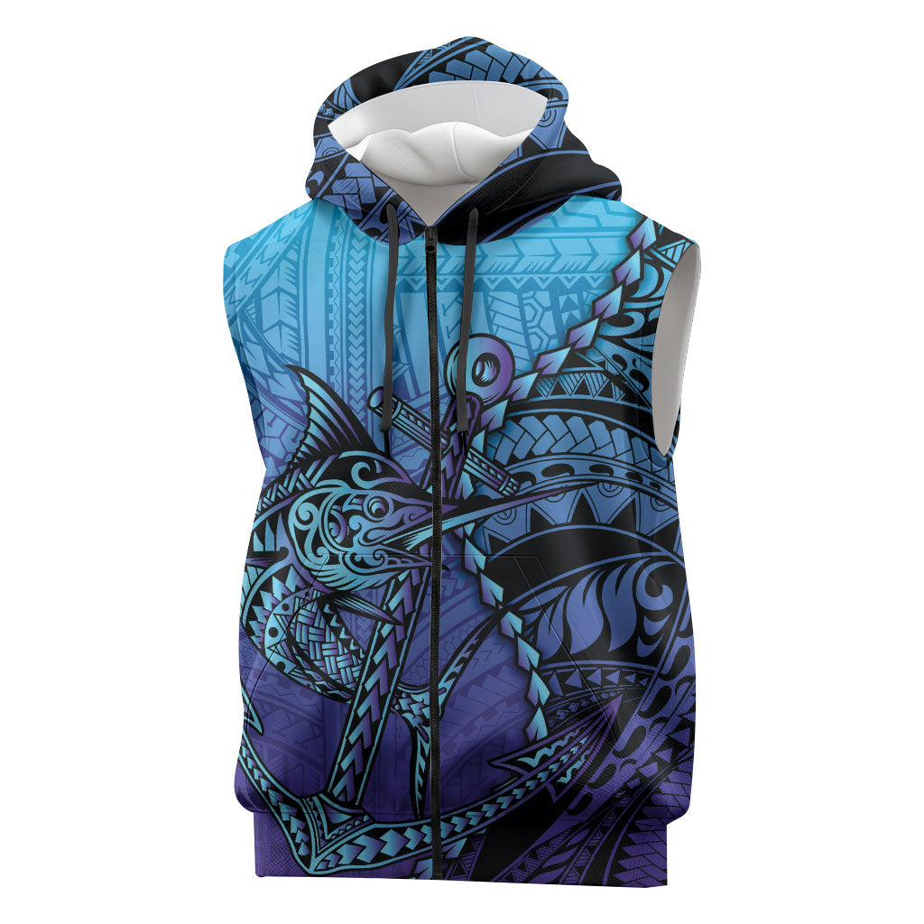 Personalised Polynesia Blue Marlin Fishing Sleeveless Zip Hoodie Marlin Anchor Tattoo Polynesian Pattern LT14 Purple - Polynesian Pride