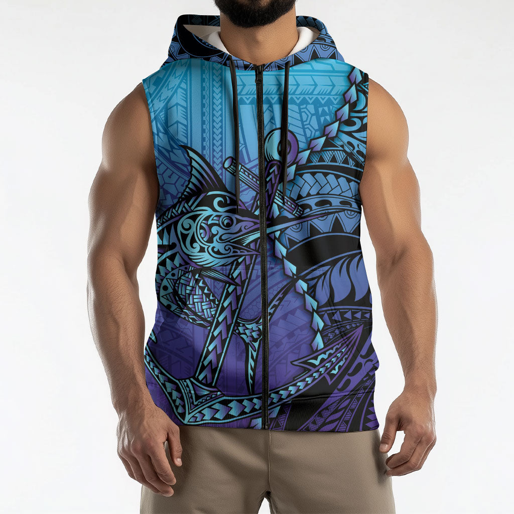 Personalised Polynesia Blue Marlin Fishing Sleeveless Zip Hoodie Marlin Anchor Tattoo Polynesian Pattern LT14 - Polynesian Pride