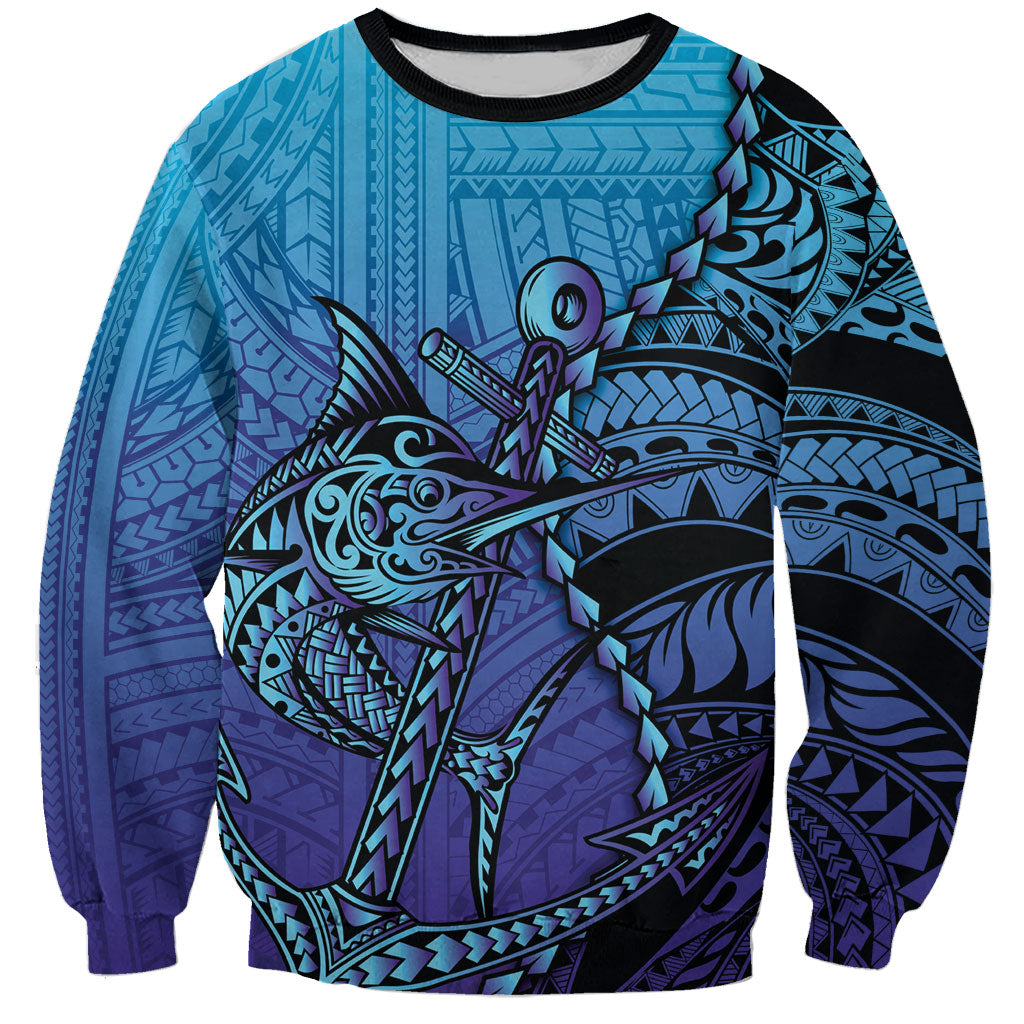 Personalised Polynesia Blue Marlin Fishing Sweatshirt Marlin Anchor Tattoo Polynesian Pattern LT14 Unisex Purple - Polynesian Pride
