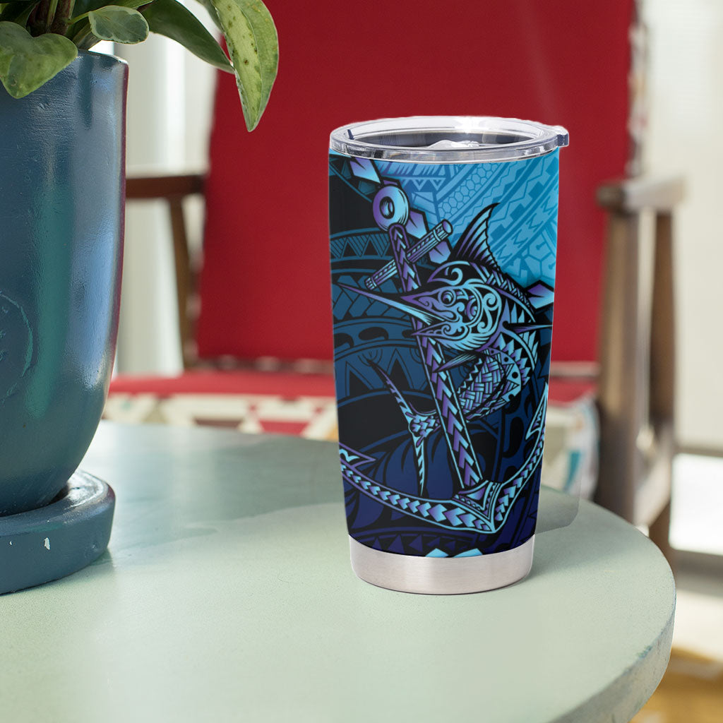 Personalised Polynesia Blue Marlin Fishing Tumbler Cup Marlin Anchor Tattoo Polynesian Pattern