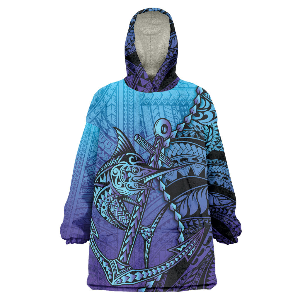 Personalised Polynesia Blue Marlin Fishing Wearable Blanket Hoodie Marlin Anchor Tattoo Polynesian Pattern LT14 One Size Purple - Polynesian Pride