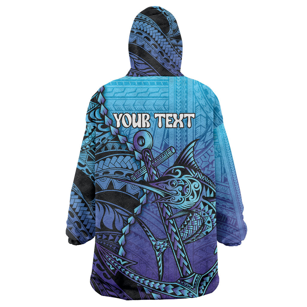 Personalised Polynesia Blue Marlin Fishing Wearable Blanket Hoodie Marlin Anchor Tattoo Polynesian Pattern LT14 - Polynesian Pride