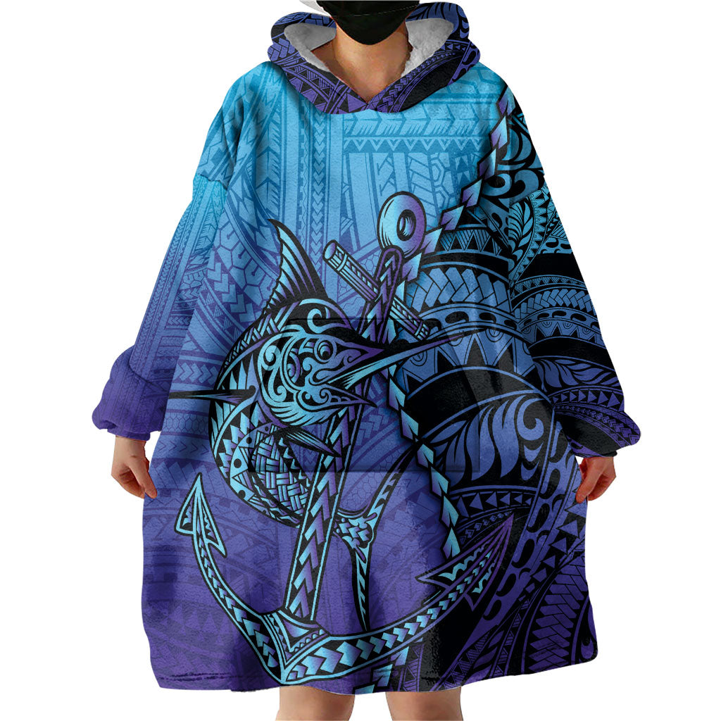 Personalised Polynesia Blue Marlin Fishing Wearable Blanket Hoodie Marlin Anchor Tattoo Polynesian Pattern LT14 - Polynesian Pride