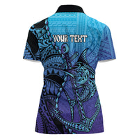 Personalised Polynesia Blue Marlin Fishing Women Polo Shirt Marlin Anchor Tattoo Polynesian Pattern