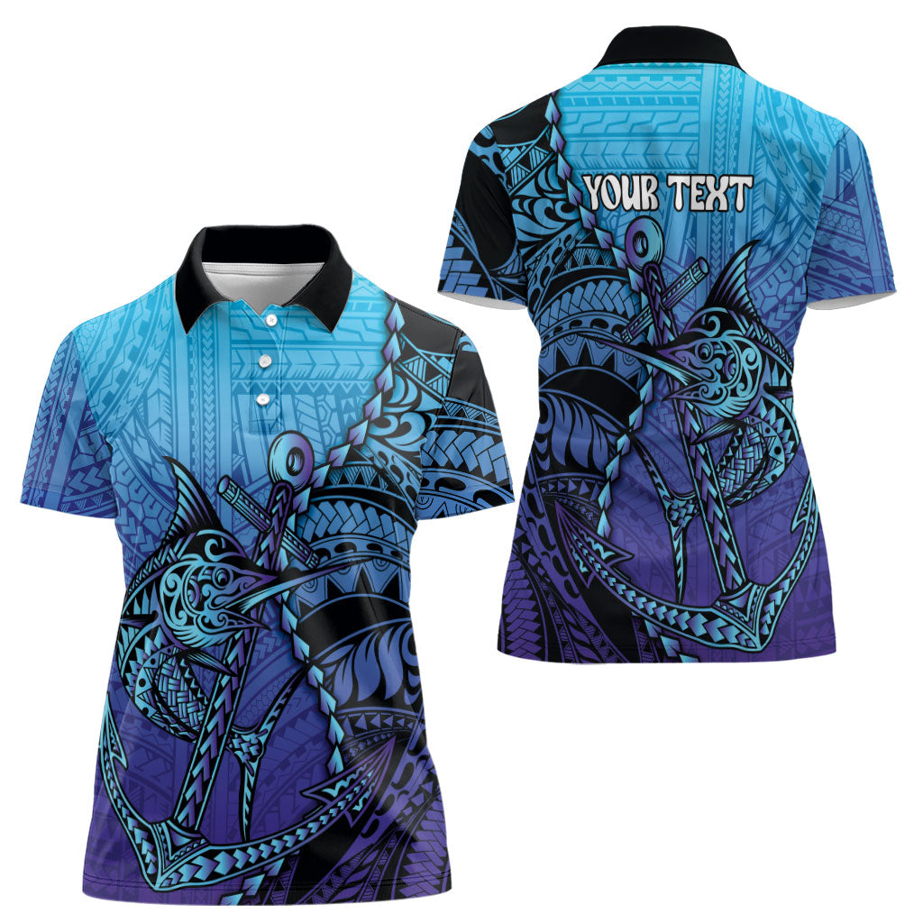 Personalised Polynesia Blue Marlin Fishing Women Polo Shirt Marlin Anchor Tattoo Polynesian Pattern
