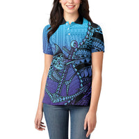 Personalised Polynesia Blue Marlin Fishing Women Polo Shirt Marlin Anchor Tattoo Polynesian Pattern