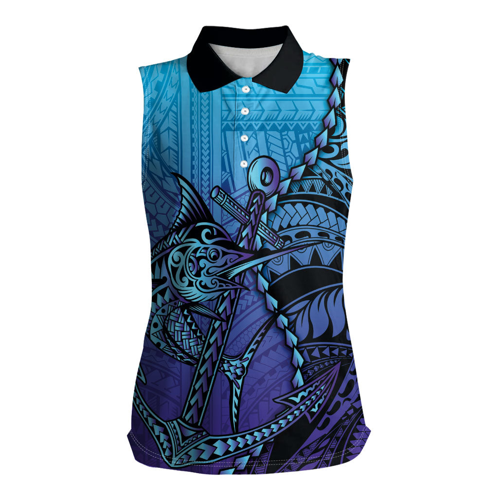 Personalised Polynesia Blue Marlin Fishing Women Sleeveless Polo Shirt Marlin Anchor Tattoo Polynesian Pattern LT14 Female Purple - Polynesian Pride