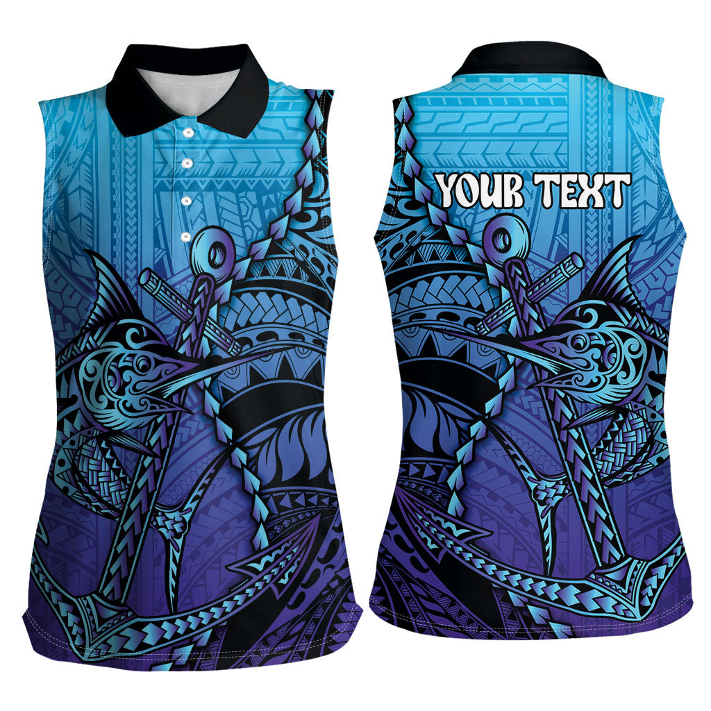 Personalised Polynesia Blue Marlin Fishing Women Sleeveless Polo Shirt Marlin Anchor Tattoo Polynesian Pattern LT14 - Polynesian Pride