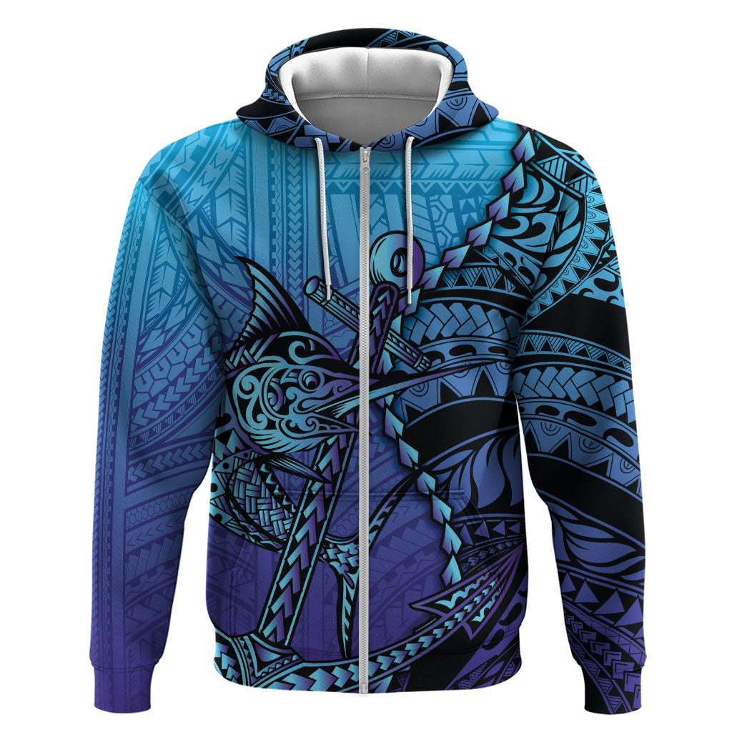 Personalised Polynesia Blue Marlin Fishing Zip Hoodie Marlin Anchor Tattoo Polynesian Pattern